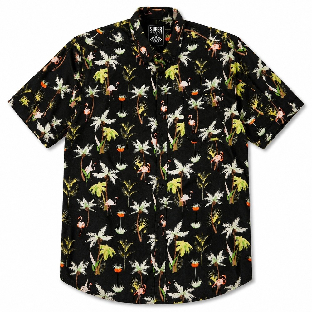 Super Massive Mens M Hawaiian Shirt Flamingo Palm Tree Rayon Tropical Button Up